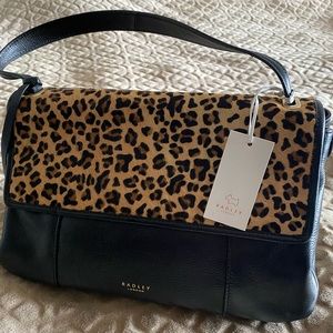 NEW!!! RADLEY London Witley Haircalf Medium Flapover Shoulder Bag BLACK leopard.